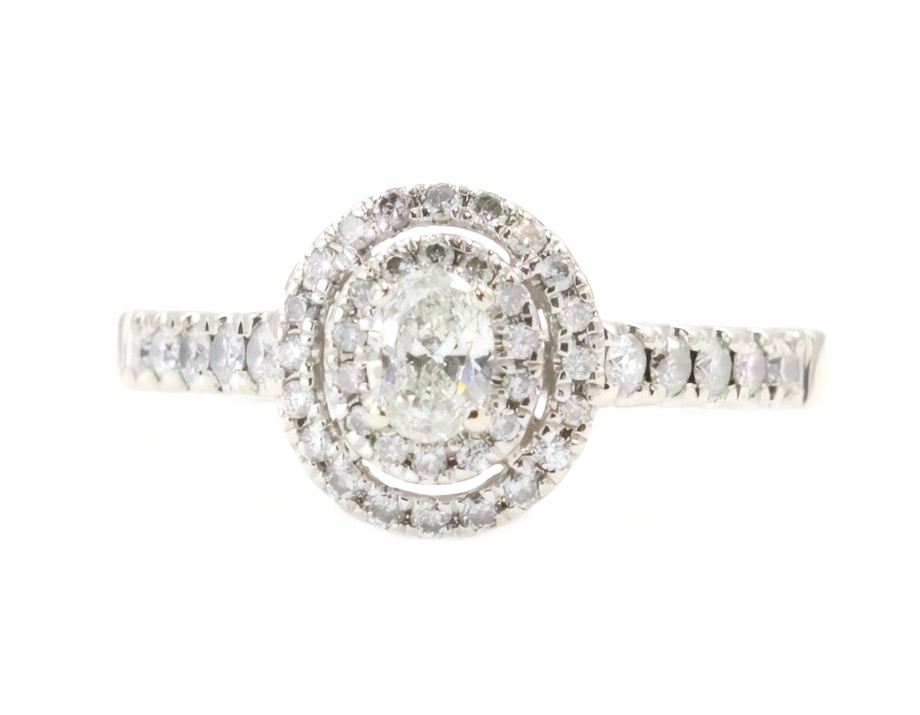 Double Halo 0.65 Ctw Oval & Round Diamond 14KT White Gold Engagement Ring 3.29g
