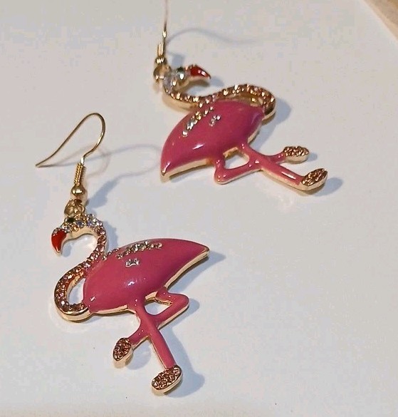 Flamingo Dark Pink Enamel And Rinestone Dangle Earrings Goldtone On Hooksl