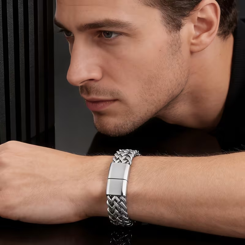 Premium Stainless Steel Mens Braided Chain Bracelet Stylish Square Links 9 IN US
