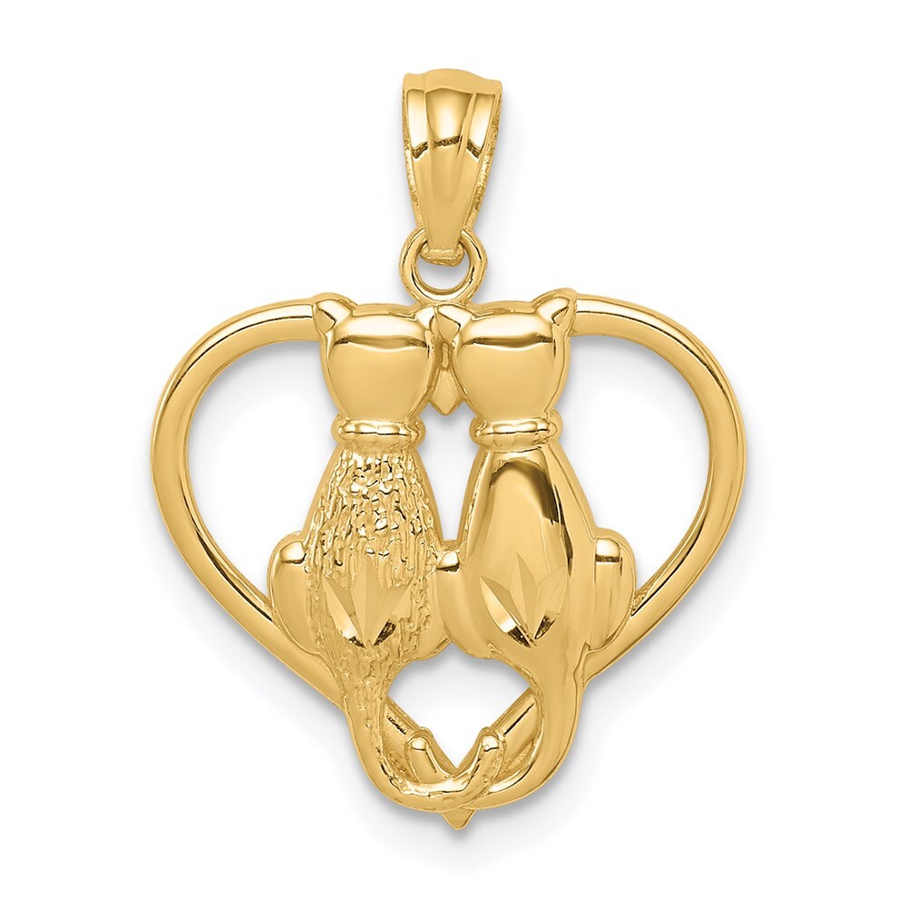 14k Yellow Gold Sitting Cats in a Heart Pendant for Women 0.89g