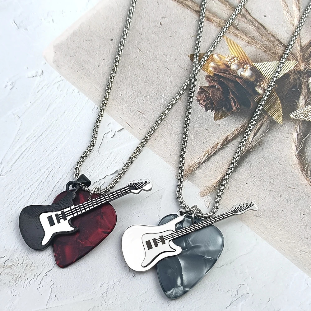 Hip-hop Guitar Pick Necklace Titanium Steel Trendy Guitar Pendant Chain Punk Vin