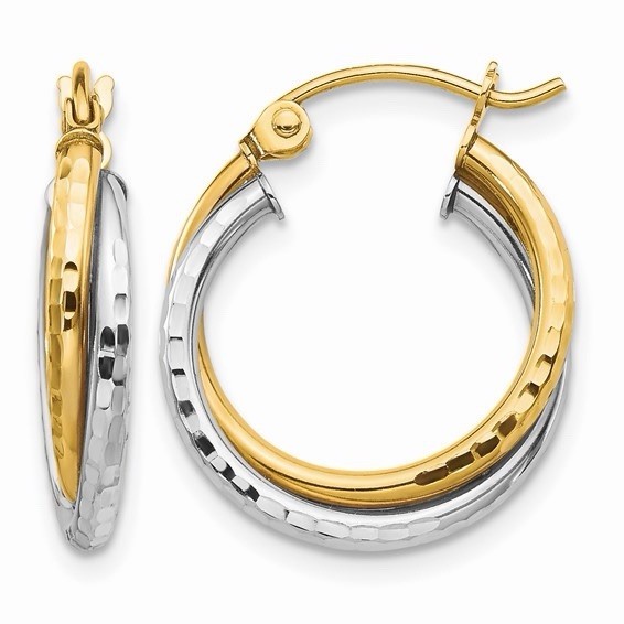 10K Two-tone Textured Twisted Hoop Earrings 0.7 Inch