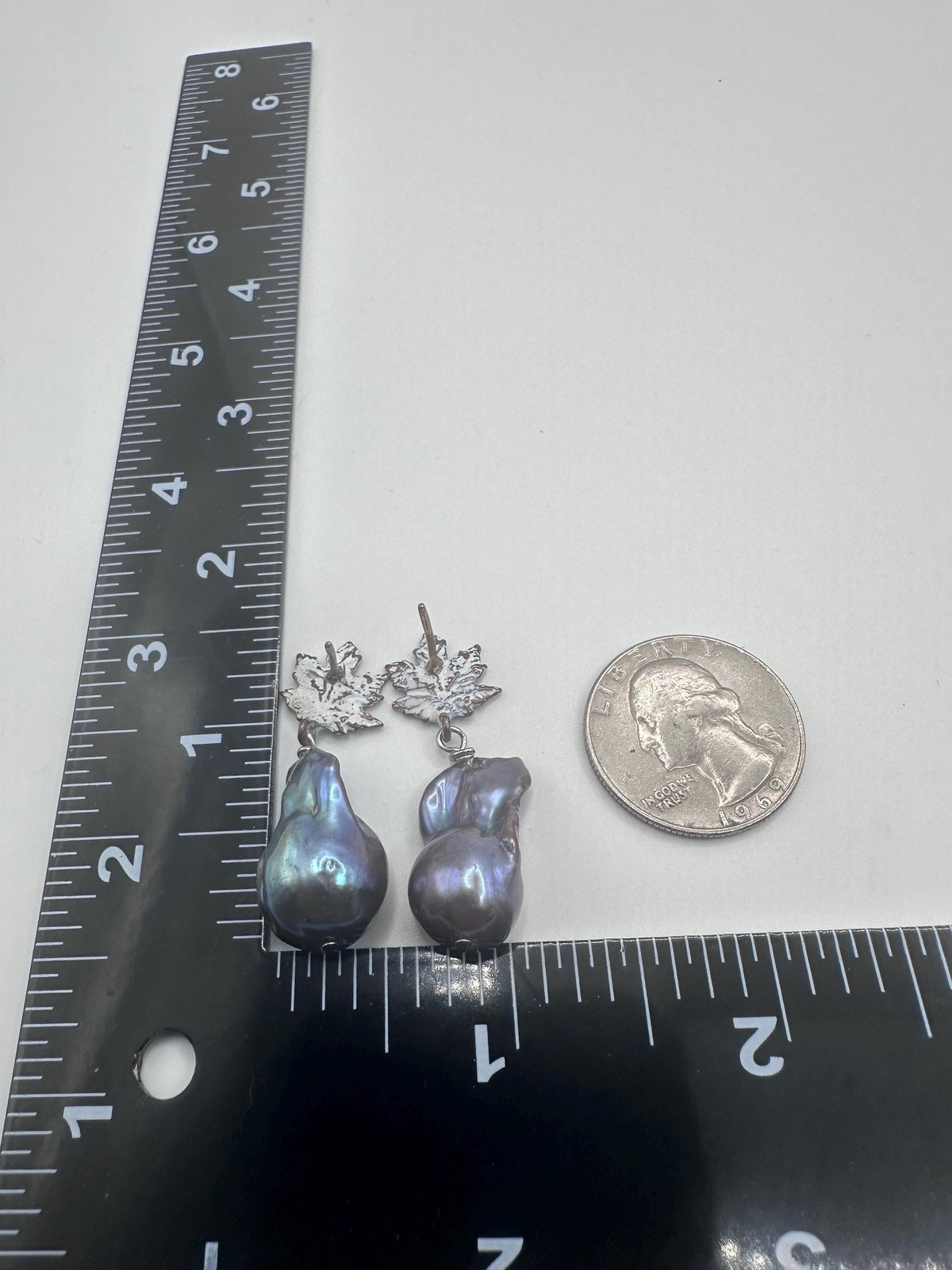 12mm Black Peacock Baroque Pearl Leaf Stud Earrings White Patina Bronze Handmade