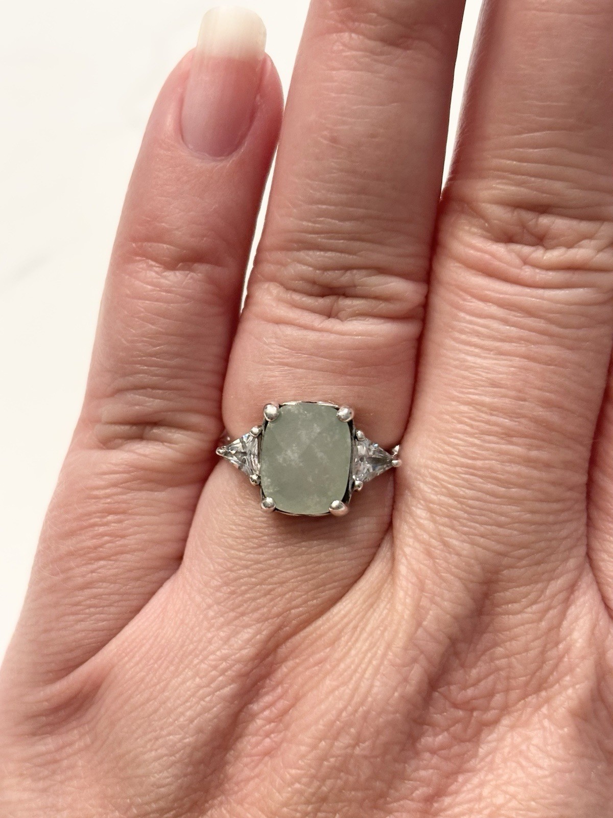 RJ Graziano Jadeite Cushion Cut & CZ Sterling Silver 925 Cocktail Ring Size 5