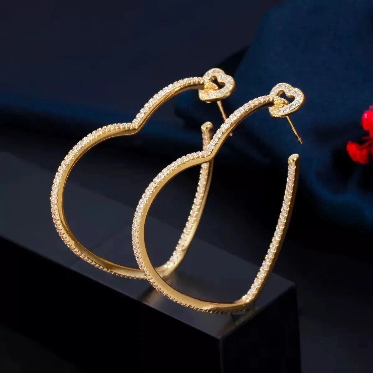 2.50Ct Round Lab Created Diamond 14K Yellow Gold Plated Heart Hoop Earrings