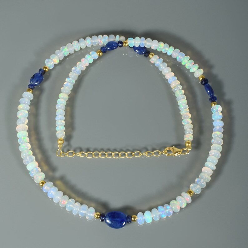 Natural Welo Fire Opal Blue Sapphire Beaded Necklace 925 Silver 18 in Handmade