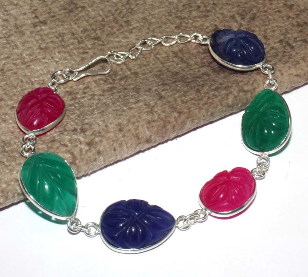 Carving Pink & Blue Chalcedony Leaf Green Onyx Bracelet Gemstone 8″ GW