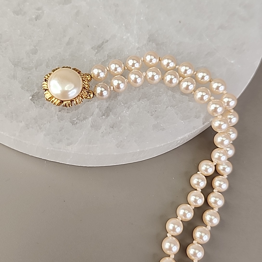 Vintage Faux Pearl Beaded Bracelet Two Strand Cream Knotted Push Lock 7″