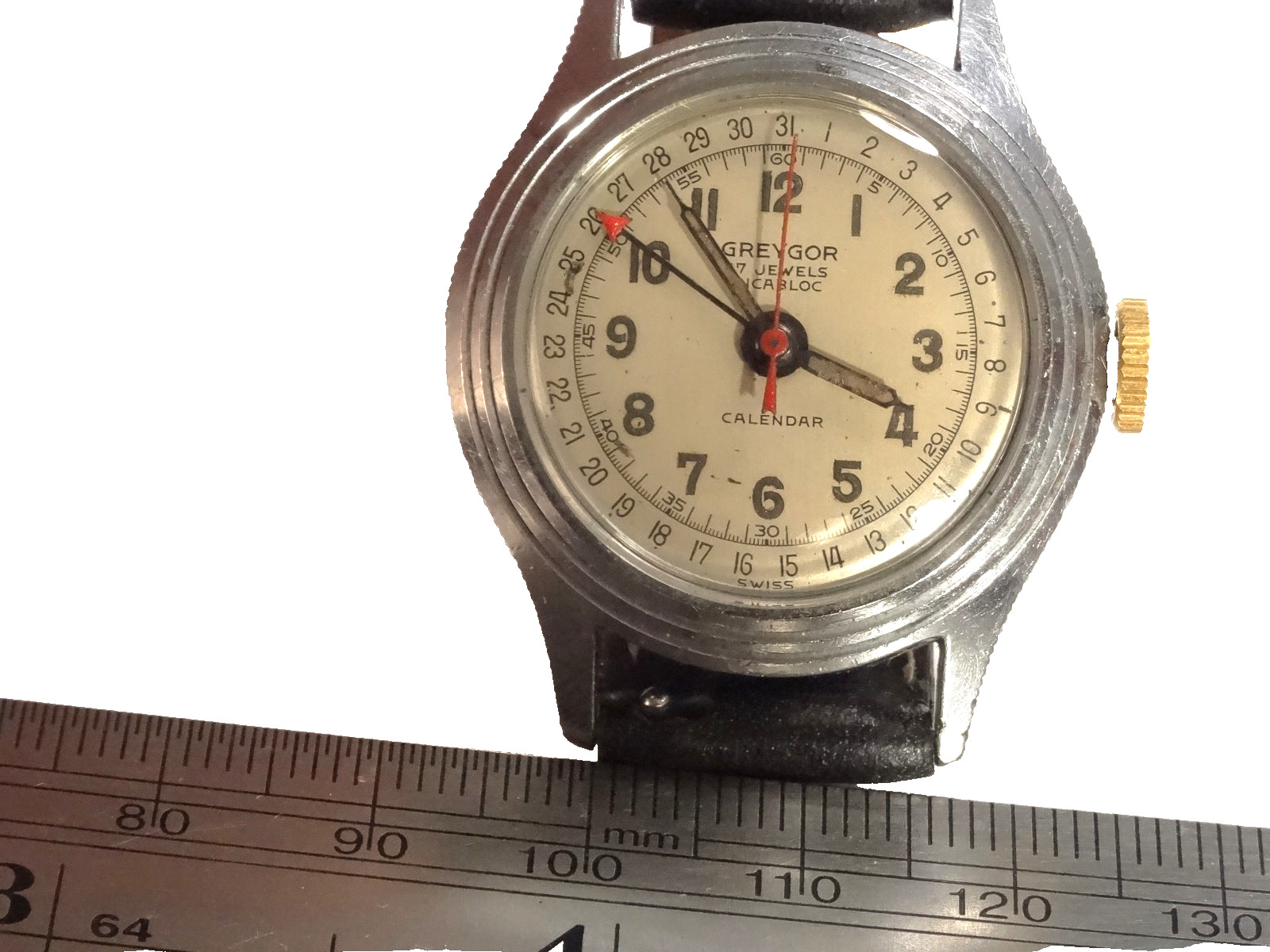 1950s Greygor Calendar 30mm 17J FHF28 Arrow Date Pointer Watch Stepped Case Runs