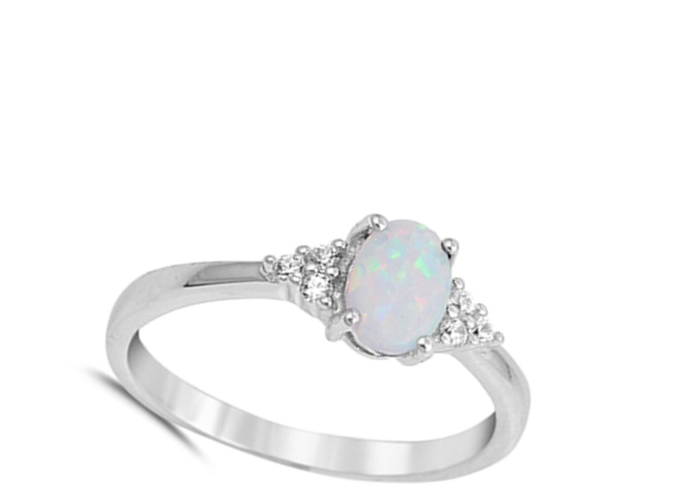 Oval Solitaire Clear CZ White Lab Opal Ring .925 Sterling Silver Band Sizes 4-10