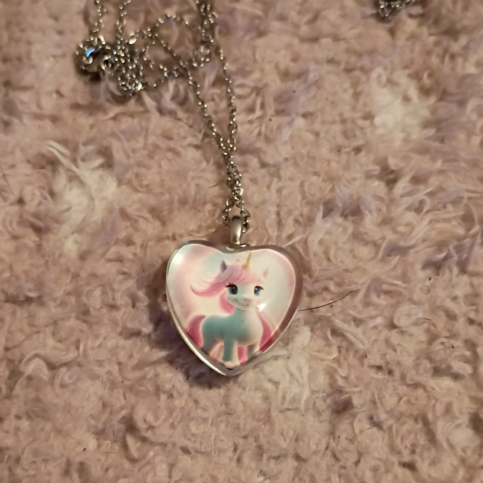 Girls Silver Tone Heart Photo Locket Pendant Necklace Unicorn Engraved Message