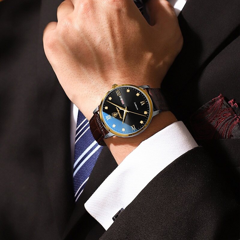 Leather Men’s Watch Luxury Watch Men Waterproof Watches Quartz Wristwatches +BOX