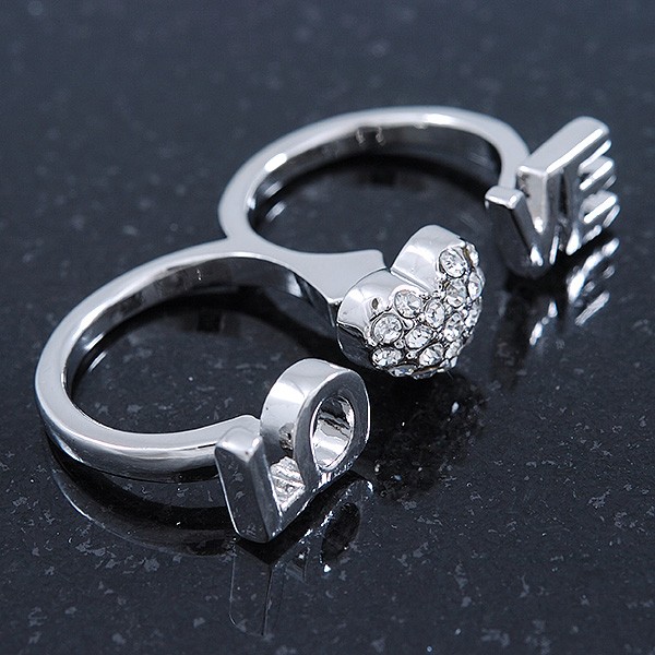 Rhodium Plated Double Finger Diamante ‘Love & Heart’ Ring – Size 7&8