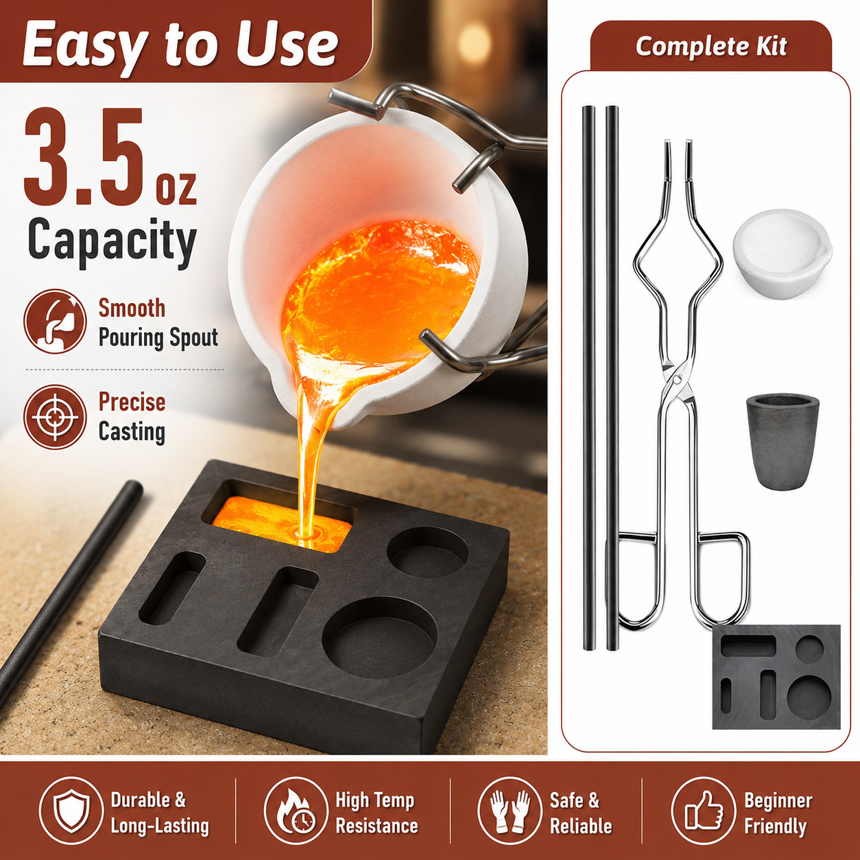6Pack Metal Melting Casting Kit Graphite Ingot Mold Gold Silver Copper Refining