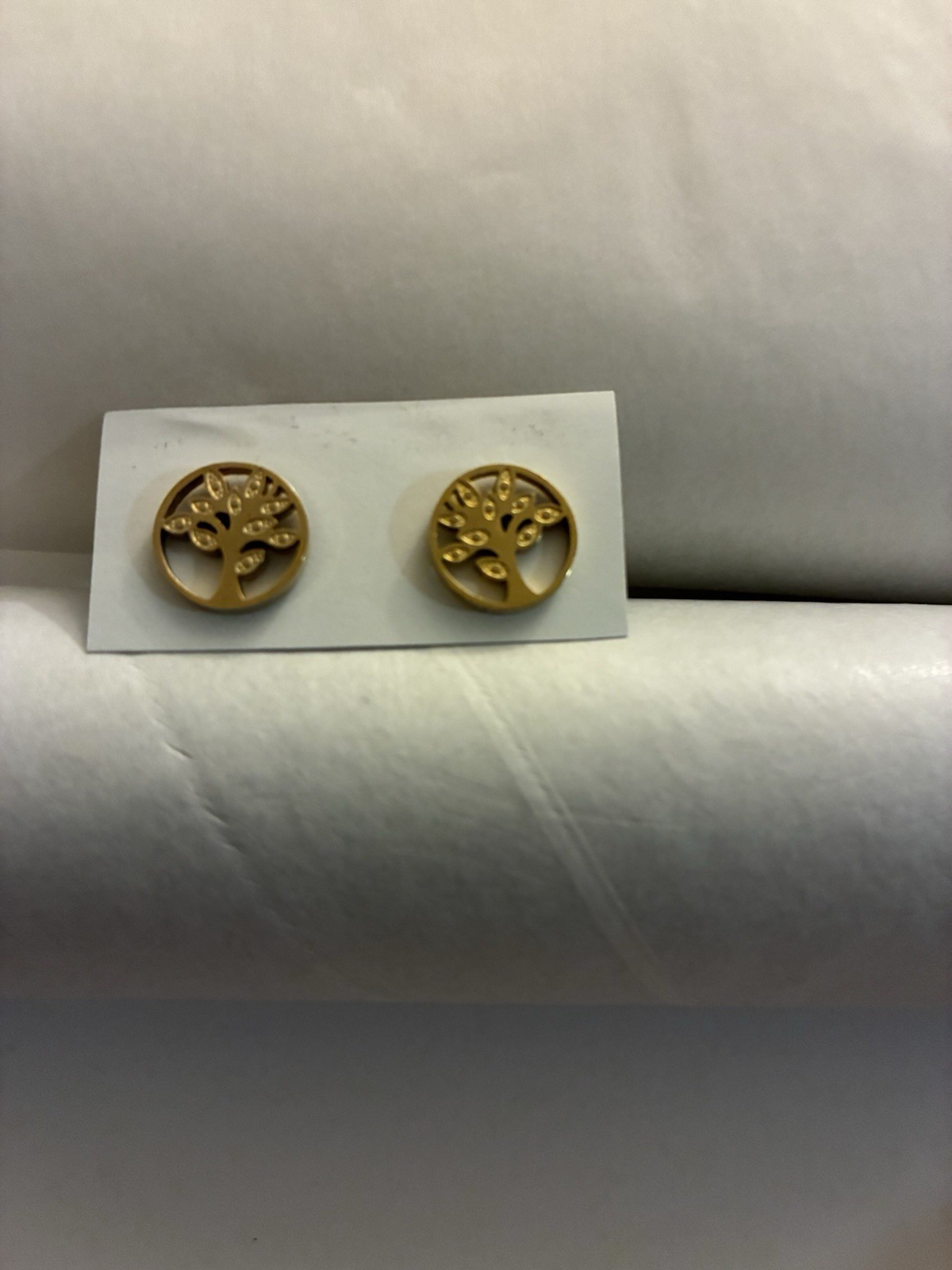 Gold Tone Tree of Life Round Stud Earrings Butterfly Closure No Stone Lobe