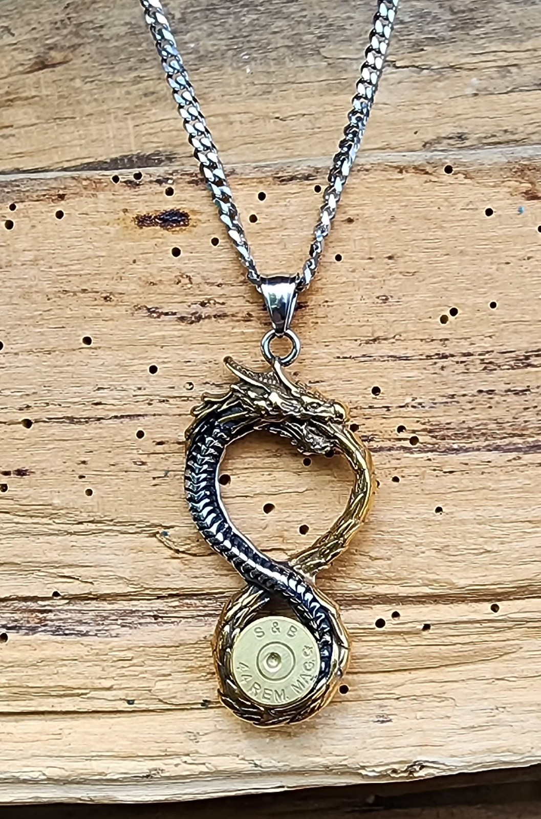 Lg Silver and Gold Stainless Dragon Bullet Necklace. 44 Mag. Optional Crystal.