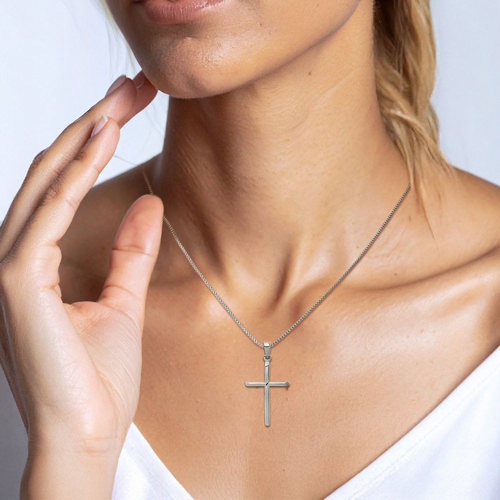 10K Solid White Gold Fleur De Lis Large Tubular Cross Pendant Necklace 35.6mm