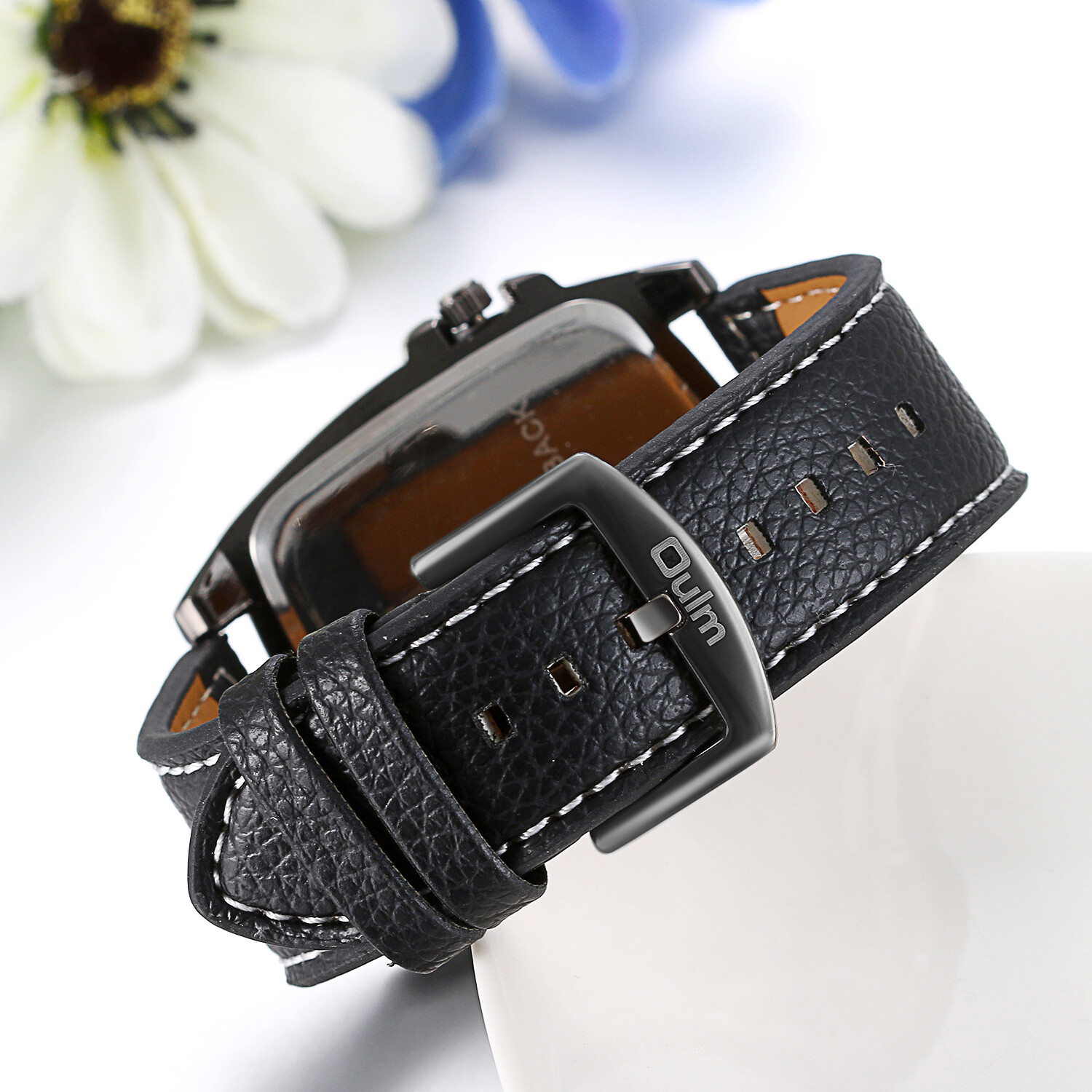 Military Army Dual Time Zones Movements Quartz Watch Black Leather Sports Mens