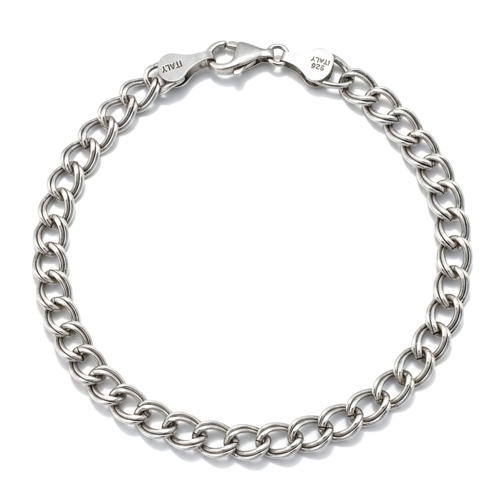 925 Sterling Silver Double Link Curb Chain Charm Bracelet 8″ 6mm Italy 7.68g