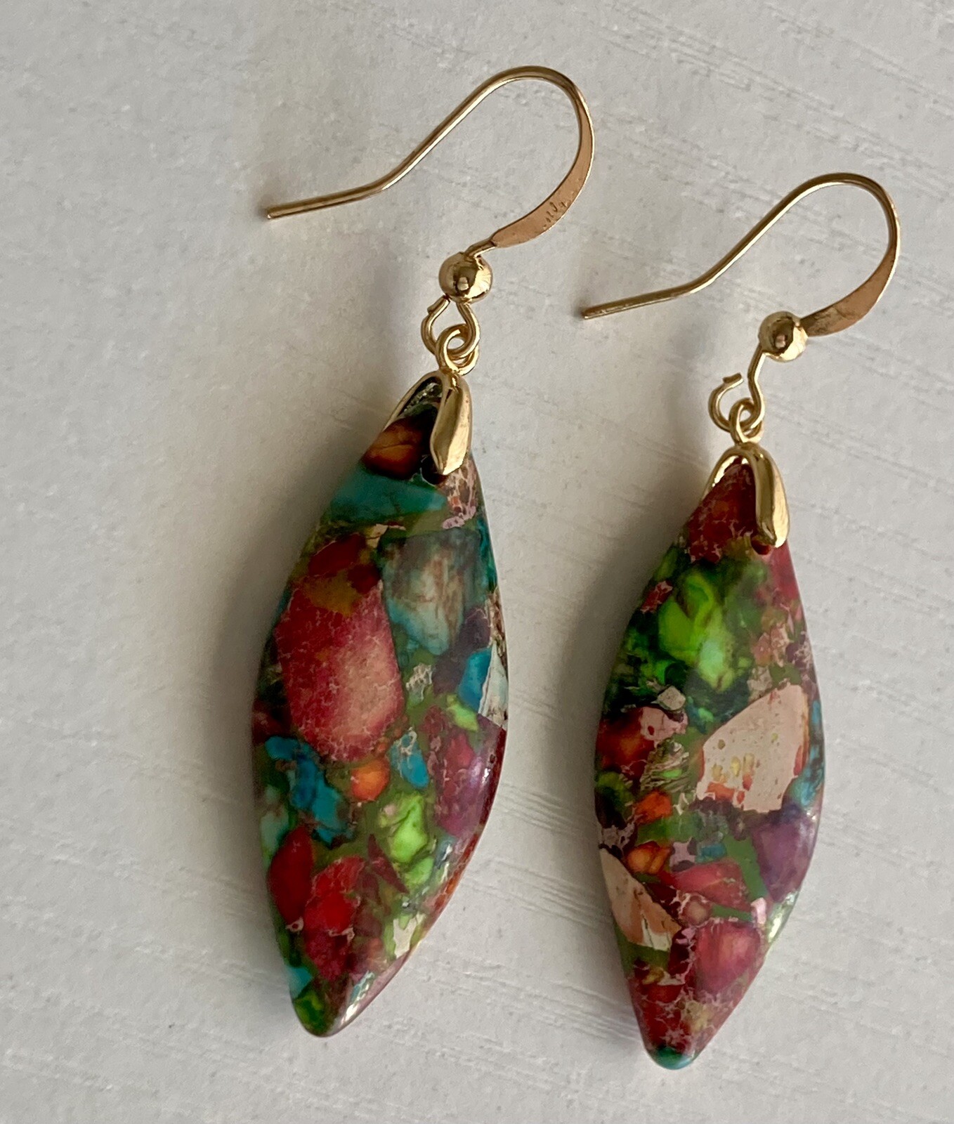 Jasper Stone Natural Imperial Leaf Dangle Drop Multicolor Earrings 7.71g Ladies