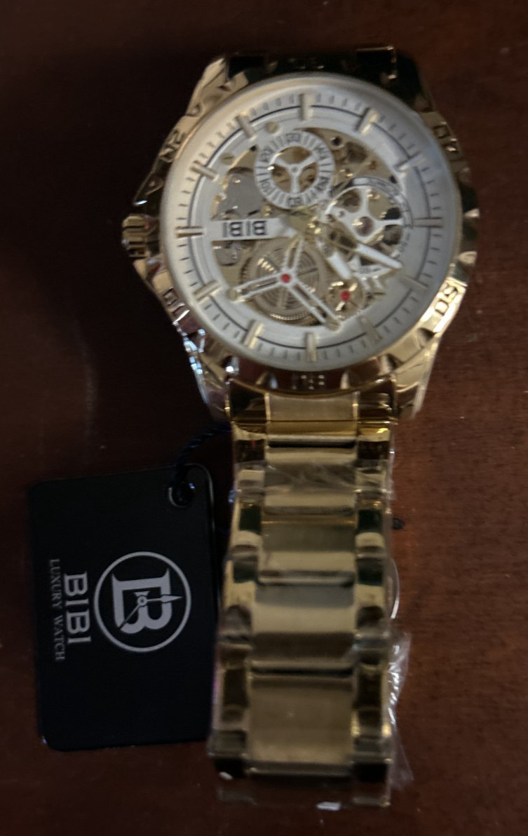 BIBI Automatic Skeleton Watch Gold Tone Stainless Steel NEW w/ Tags Luxury Style