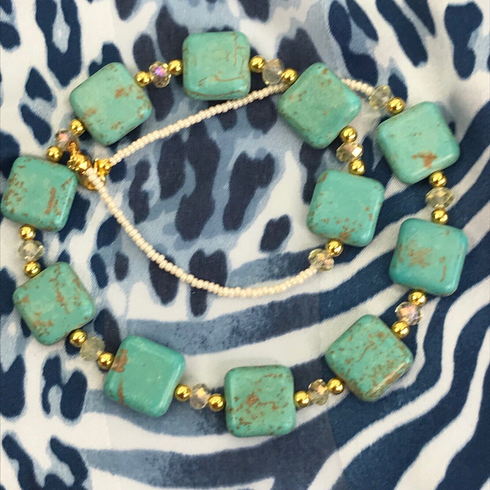 Handmade Necklace Turquoise Magnesite Square Beads, Pale Yellow Glass Gold Tone