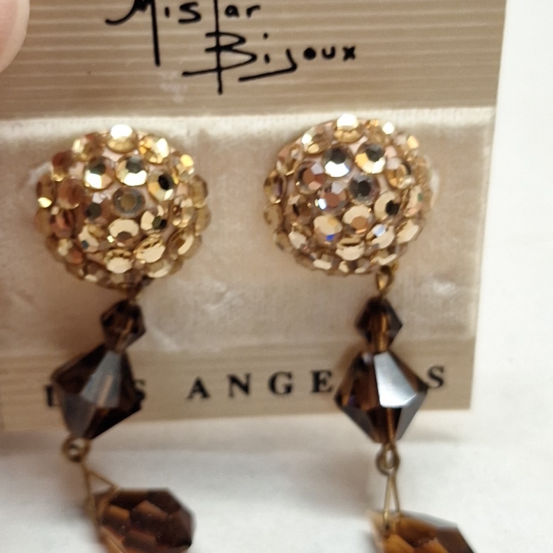 MISTER BIJOUX Round Brown Gold Tone Clip On Earrings 2″ Dangle Sparkle Rhineston