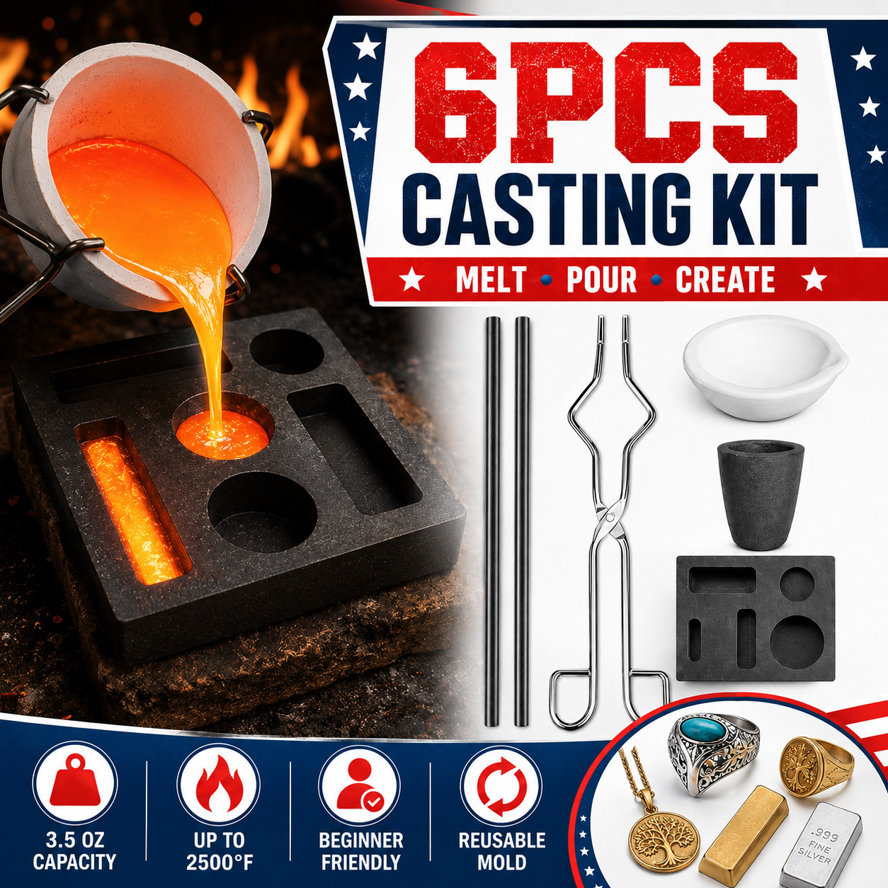 6Pcs Torch Melting Casting Kit Gold & Silver Crucible Tong Rod Graphite Mold Set