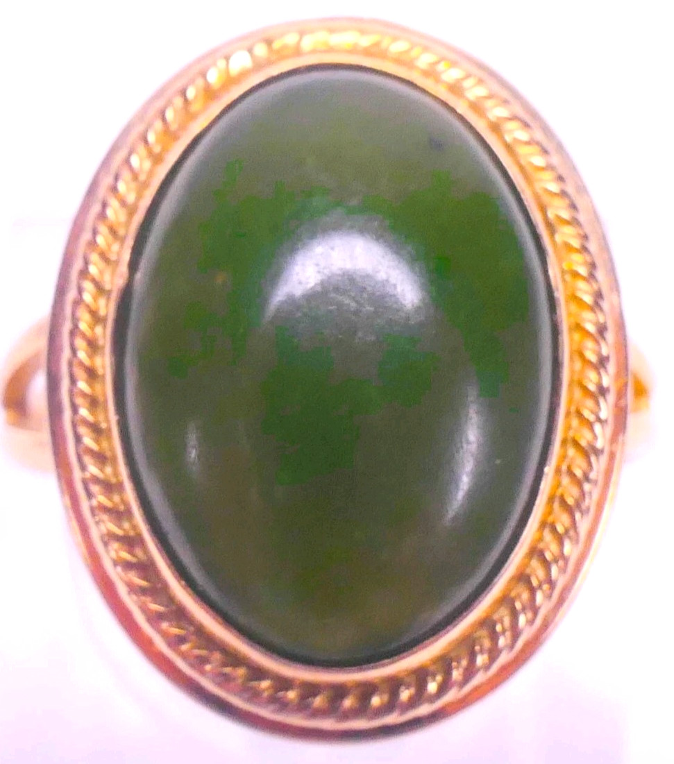 14K Yellow Gold `13.3X9.7mm Oval Jade Cabochon Split Shank Ring Size 4.5 4.10g