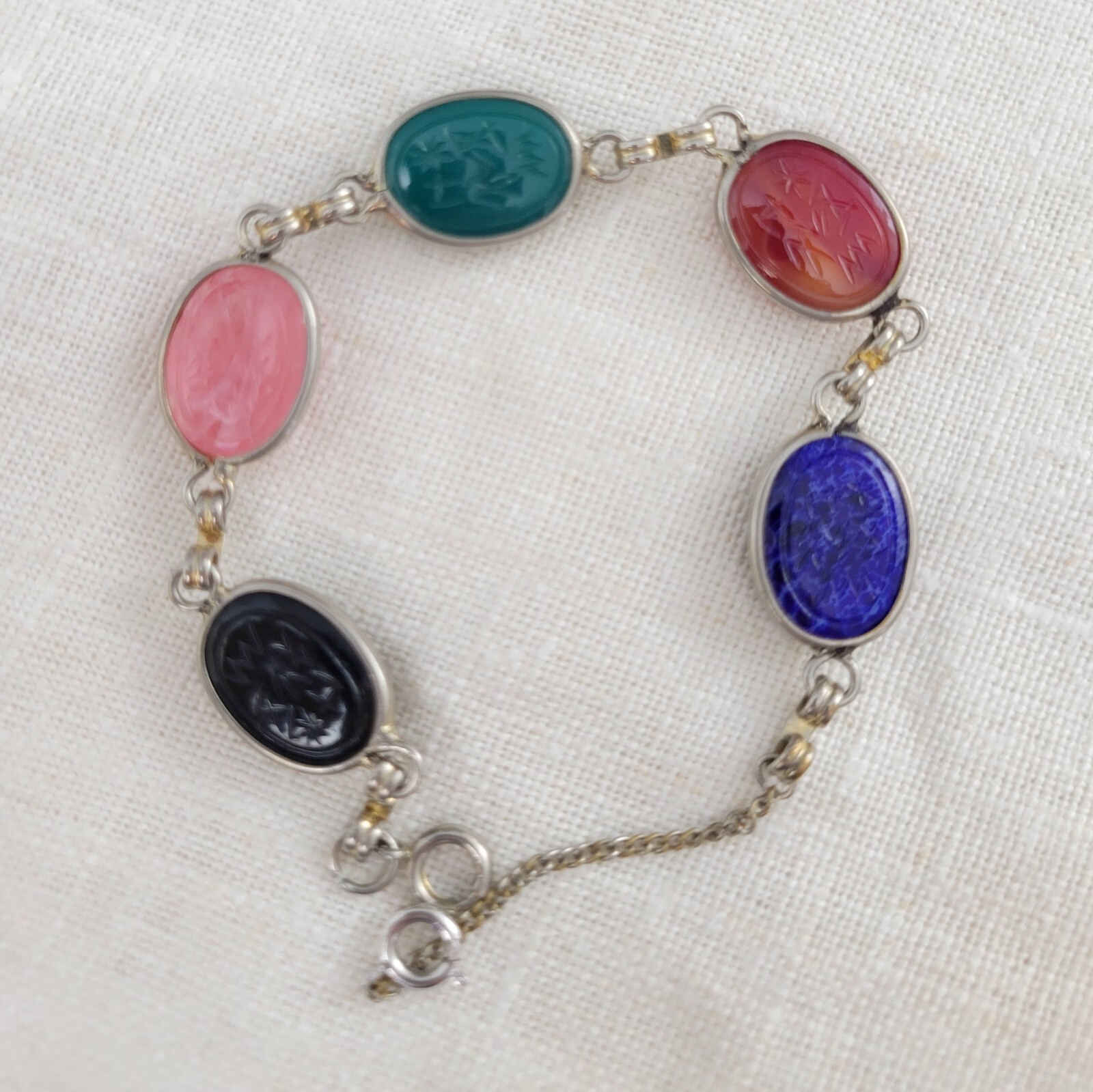 Vintage Multi-Gemstone Egyptian Scarab Link Bracelet – Adjustable 7-9″
