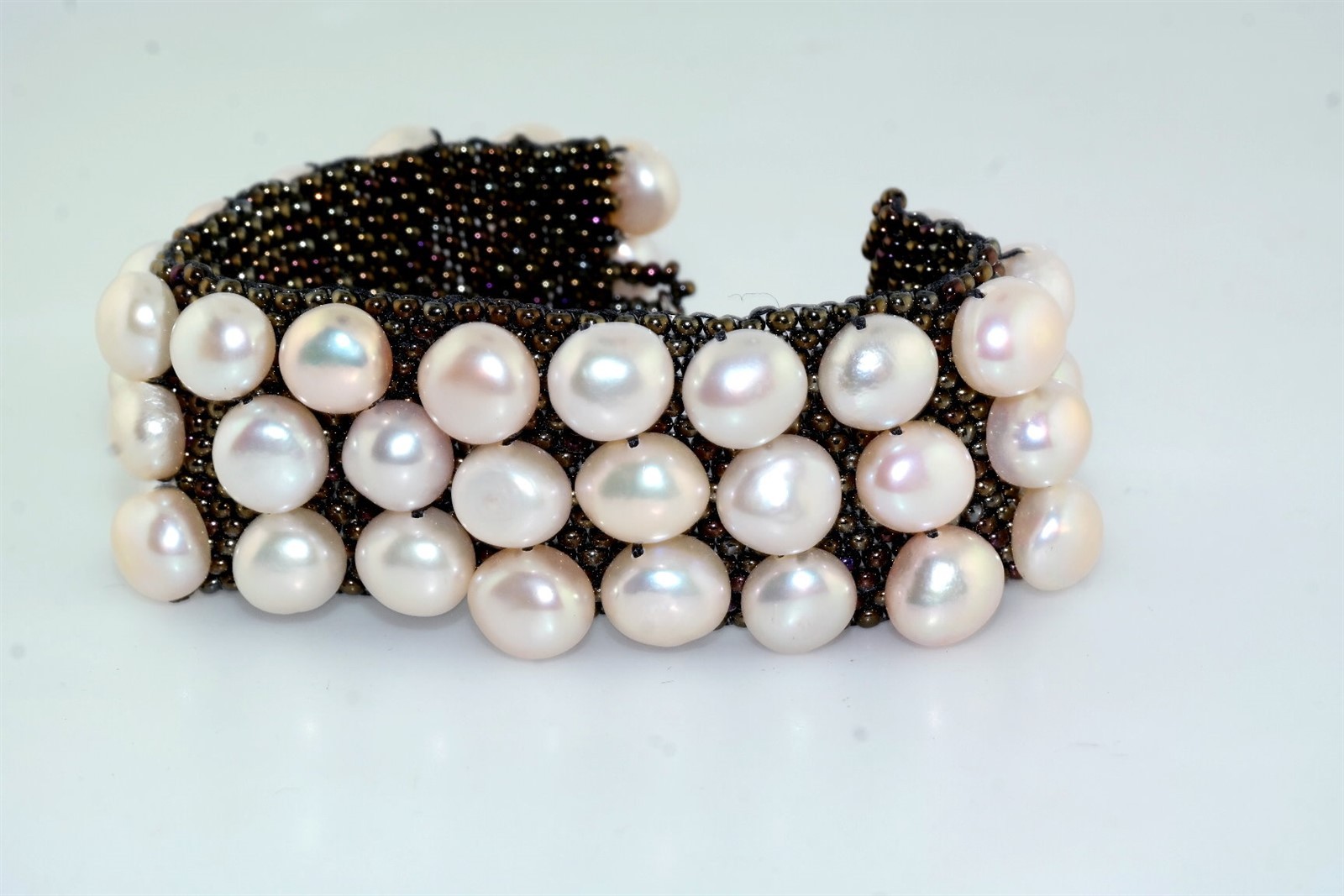 Woven Mesh Micro Bead Cultured Pearl Bracelet Toggle Clasp