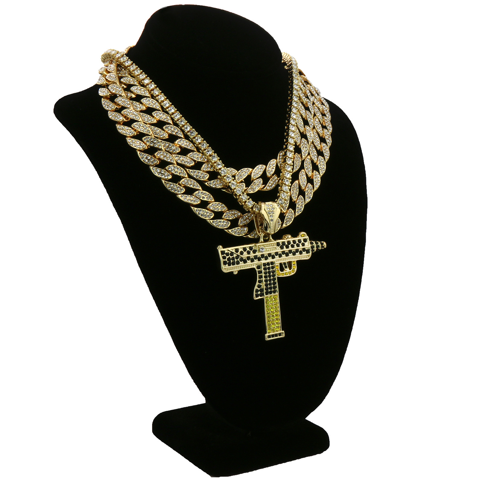 Men’s Hip Hop 14k Gold Plated Uzi Gun Pendant Cubic-Zirconia 3 Chains Bundle