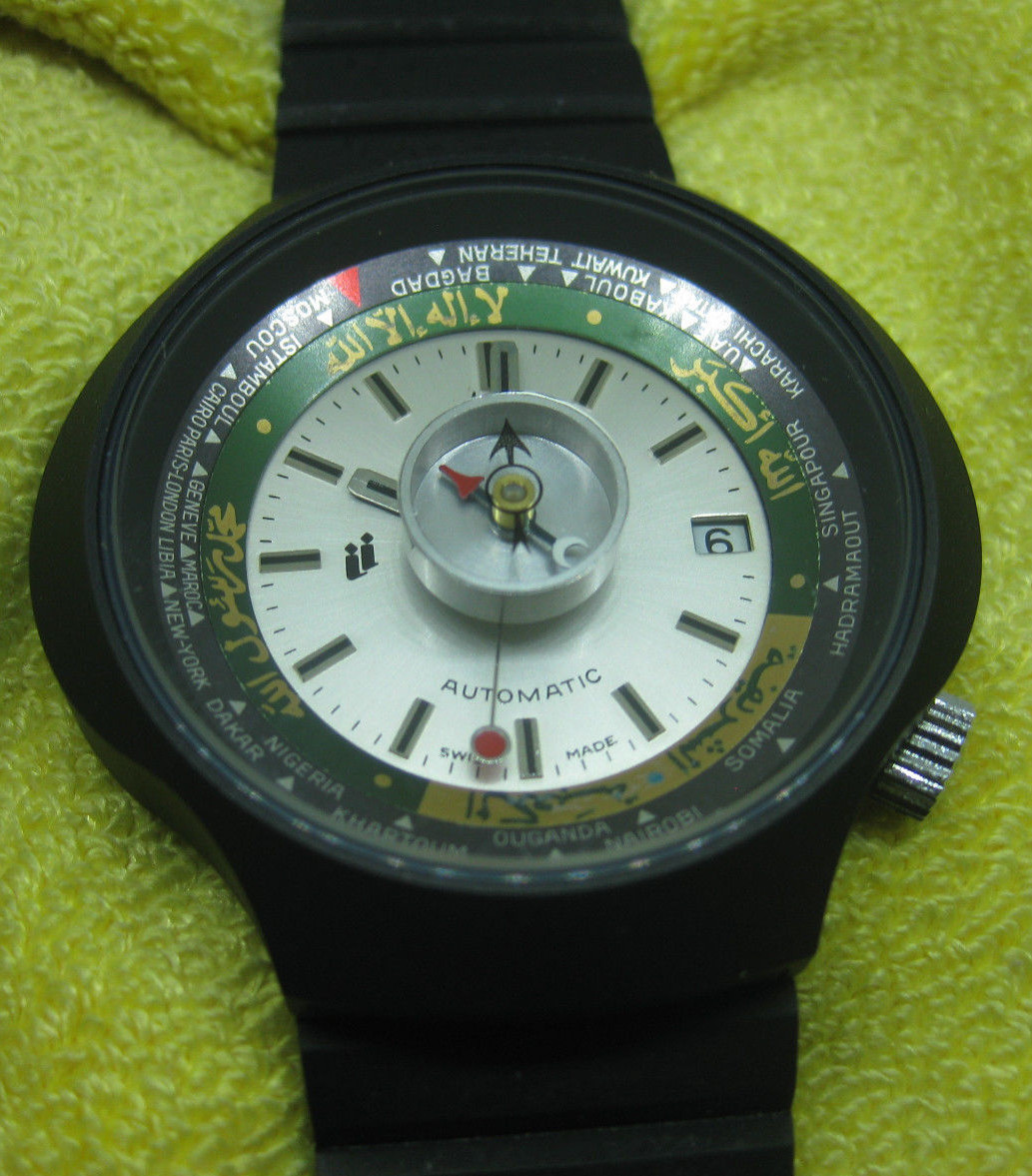 Vintage Dalil Worldtime Automatic Moslem Watch Special Shape Black NOS Jumbo