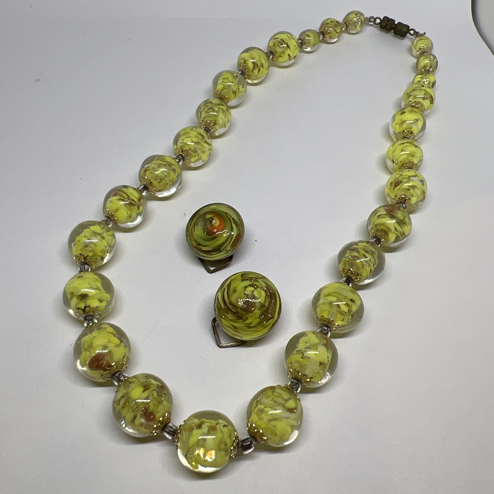 Signed Italy Venetian Murano Yellow Art Glass Bead Necklace & Clip Earring A104