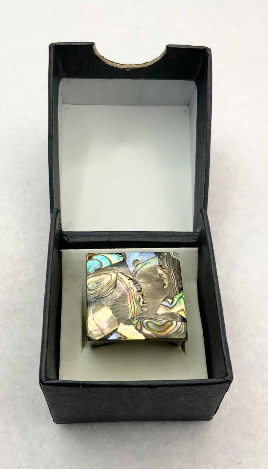 Vintage Ring Paua Abalone Black Square Plastic Resin Mexico Size O