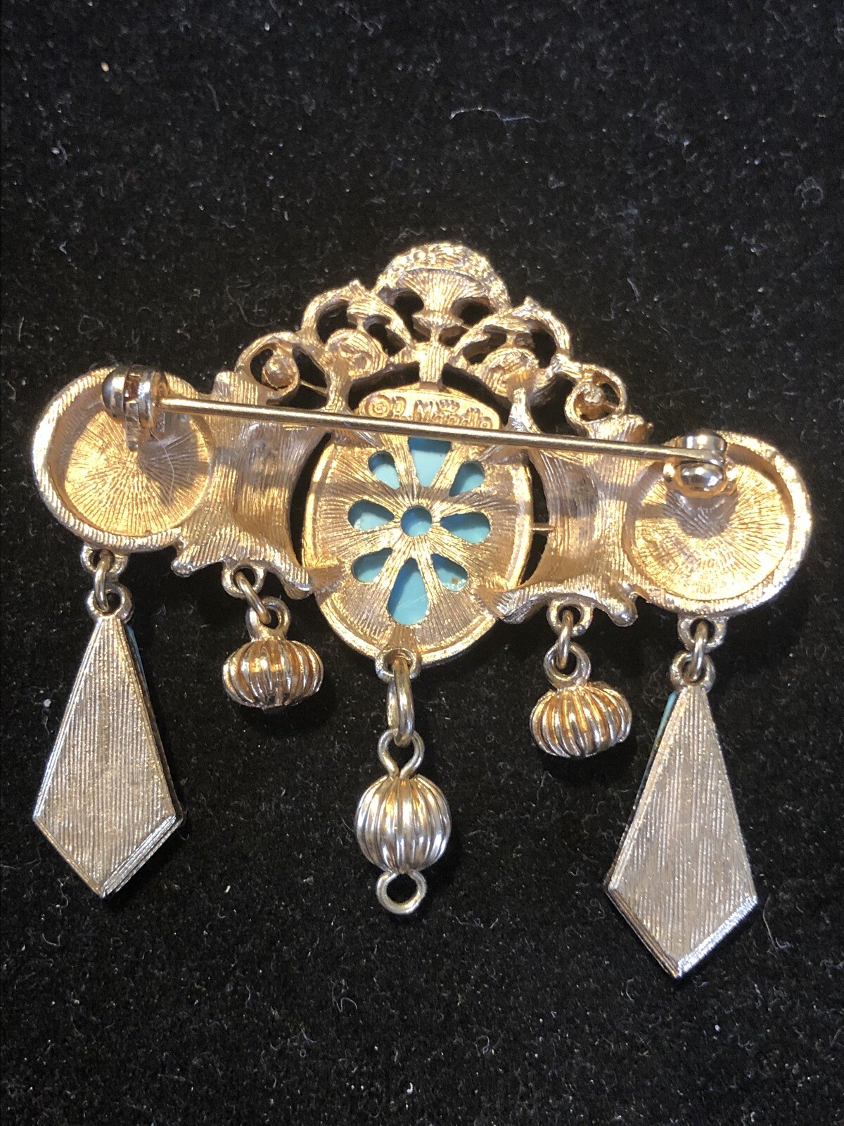 Vintage R. Mandle Oval Faux Turquoise Gold Tone Ornate Designer Brooch Pin