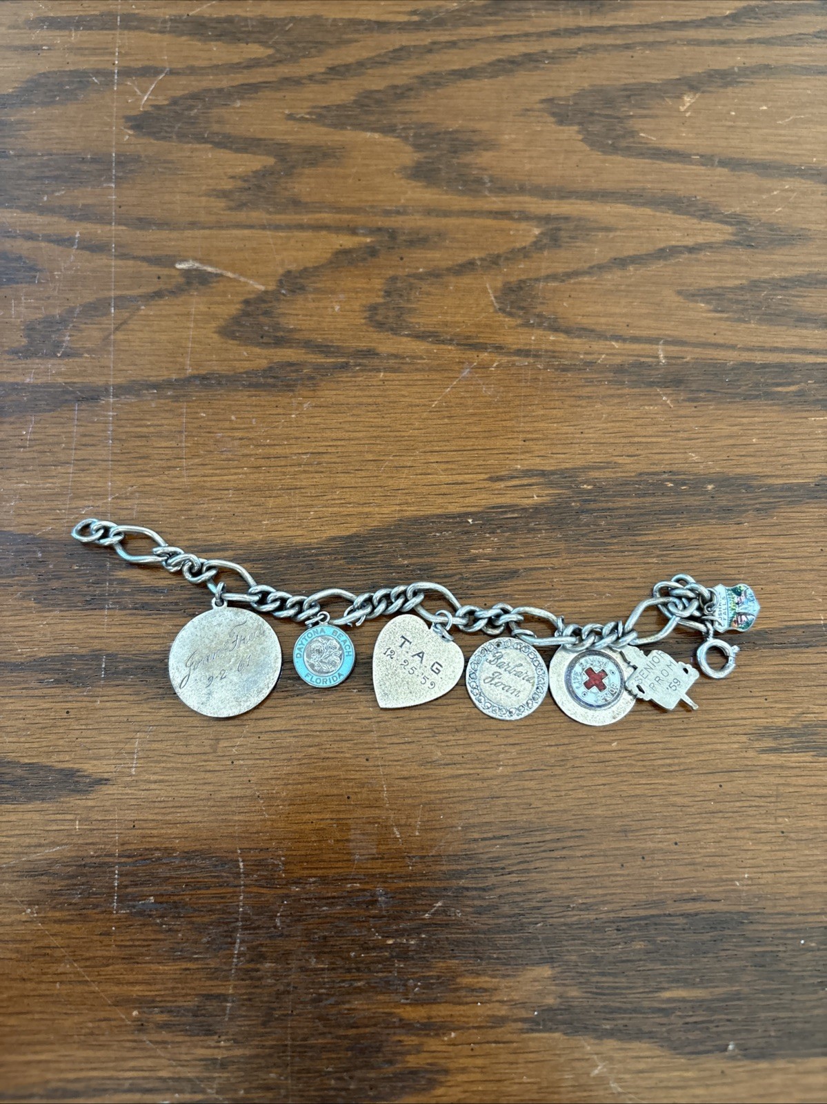 Vtg 50s 60s Sterling Silver Multi Charm Bracelet Red Cross Hearts More
