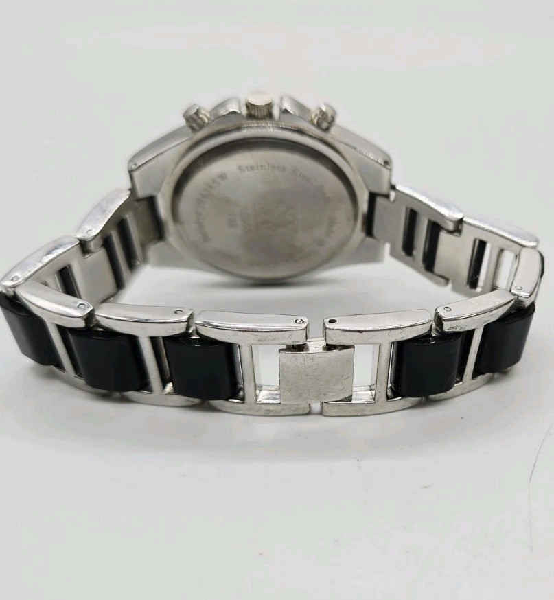 NY&C Watch Bracelet Band Black Silver Quartz Analog Women’s New Battery 7.5 in