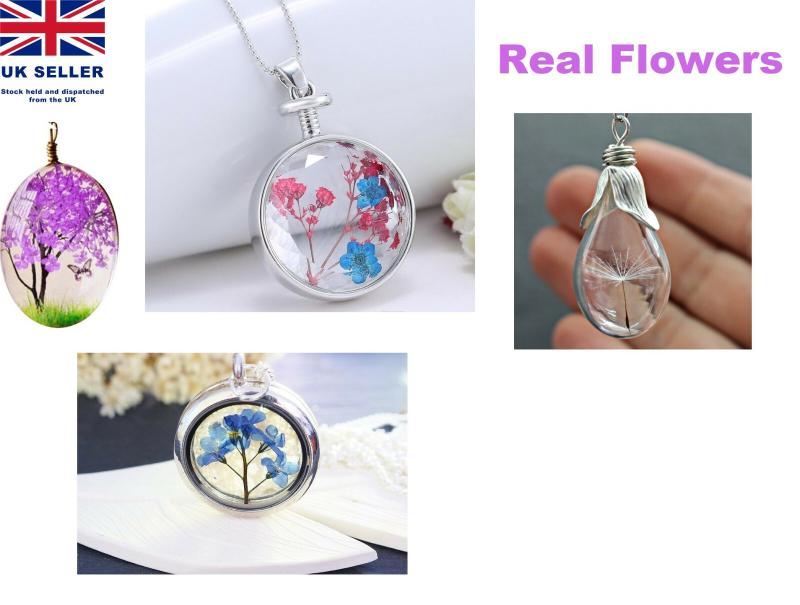 REAL DRIED PRESSED FLOWER NECKLACE HANDMADE SILVER PLATED JEWELLERY PENDANT GIFT