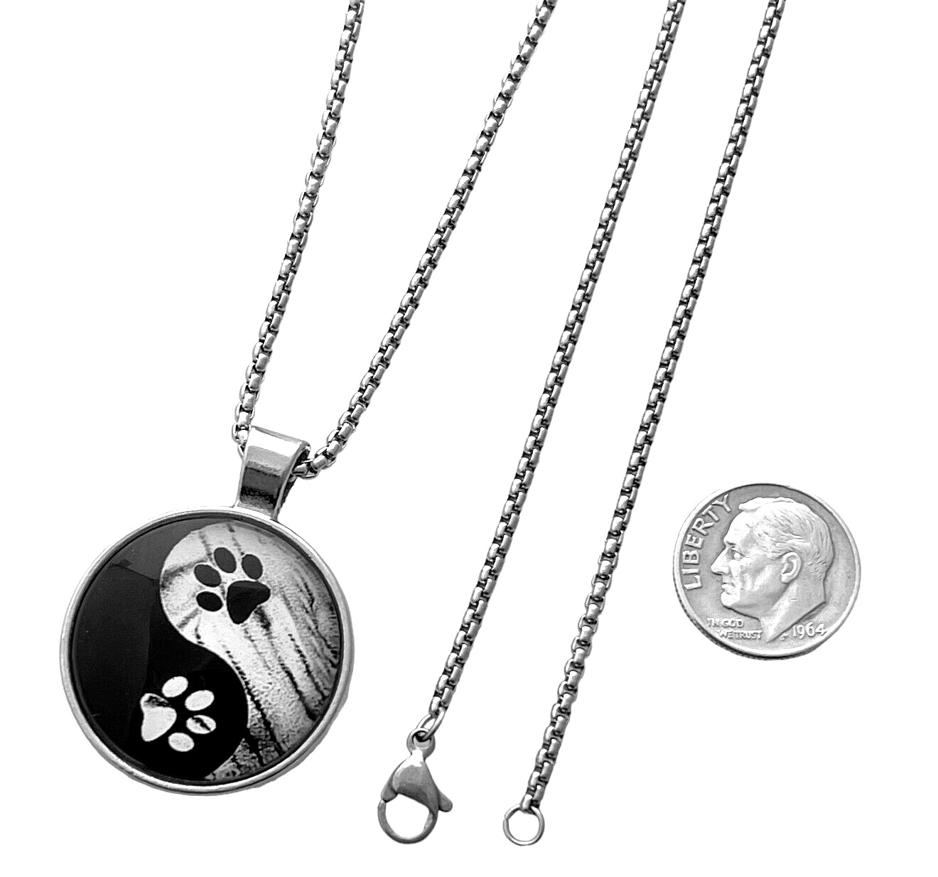 Yin Yang Paw Prints Necklace Glass Cabochon Stainless Steel 24 Inch Link Chain