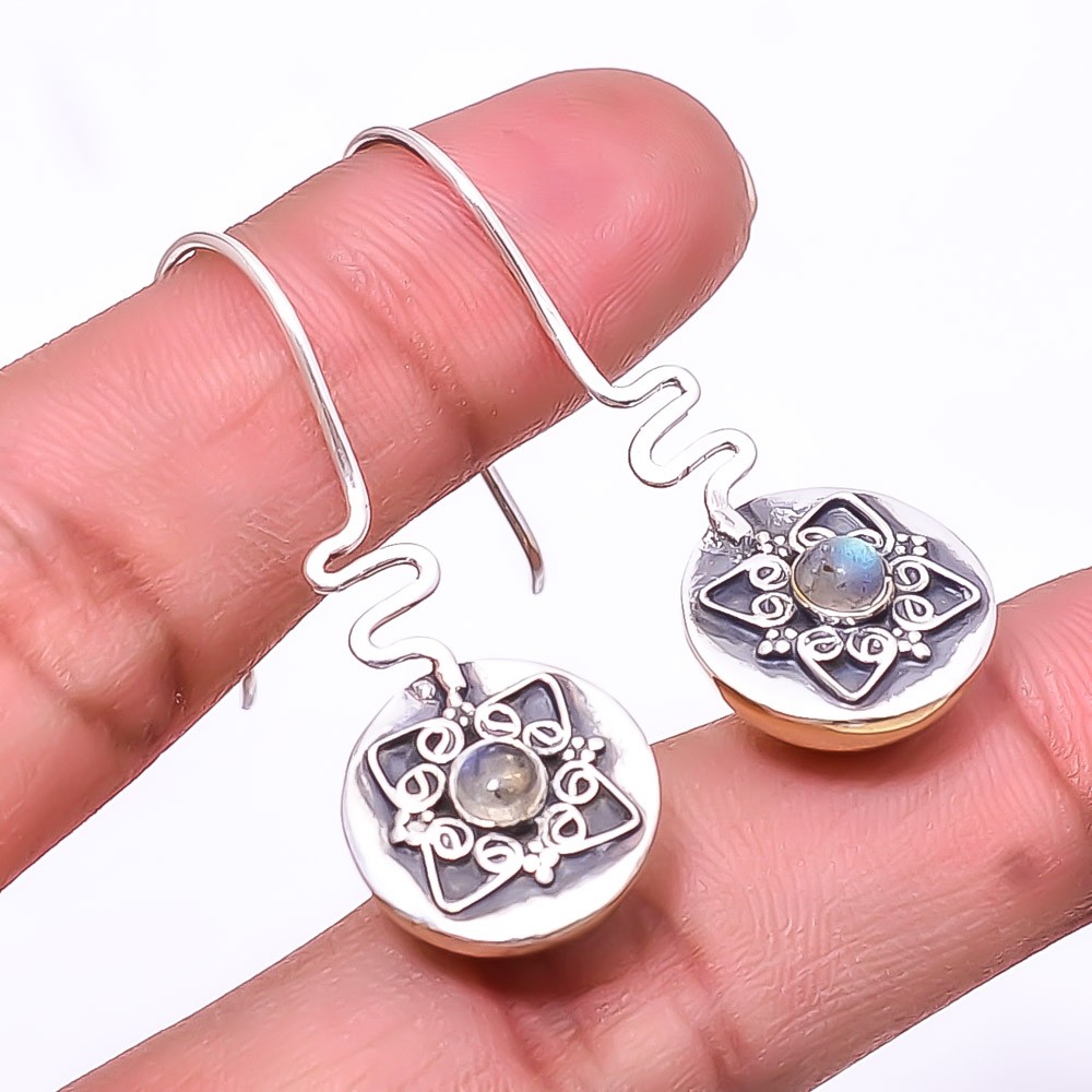 Natural Rainbow Moonstone -India 925 Sterling Silver Two Tone Earring 1.56″ E46