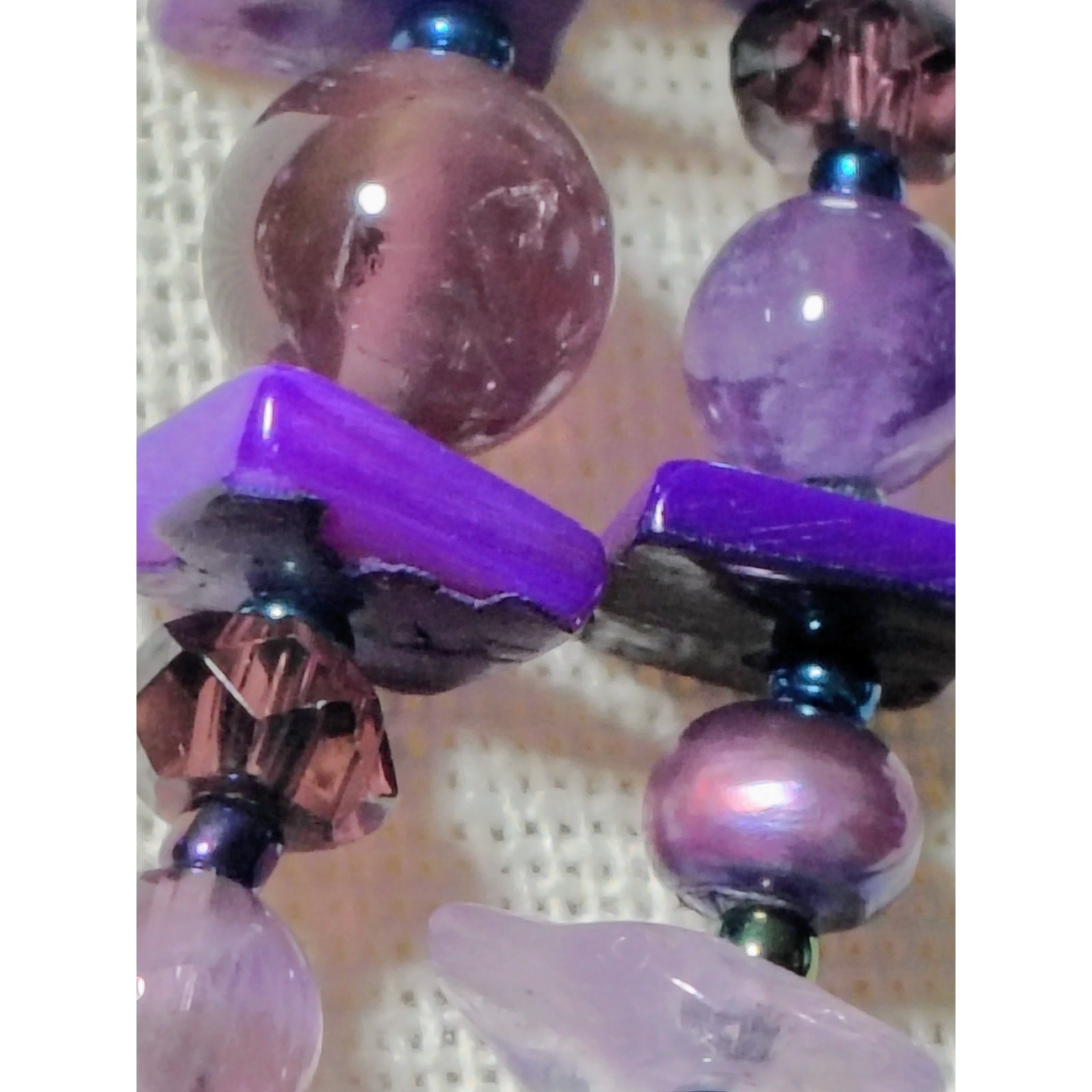 N774 Artisan Double Strand Amethyst Chip Bead Necklace Purple Shell Pearl Boho