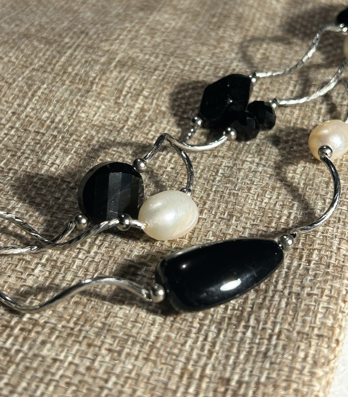 Artisan Black Crystal + Glass Bead Freshwater Pearl 3- Strand Wavy Link Necklace