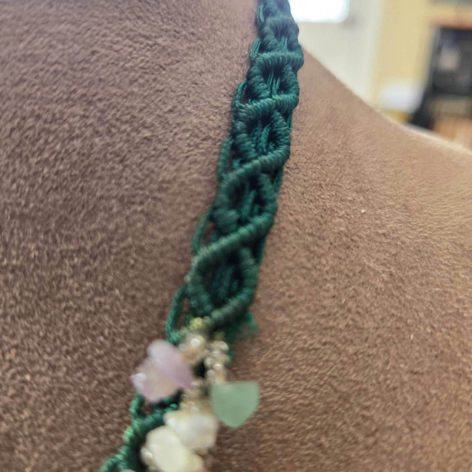 Vintage Semi- Precious-stones Floral Beaded Green Macrame Adjustable Necklace