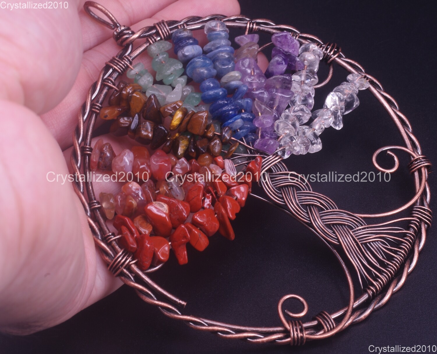 Natural Gemstone Big Round Handmade Wire Wrap Life Tree Healing Pendant Copper