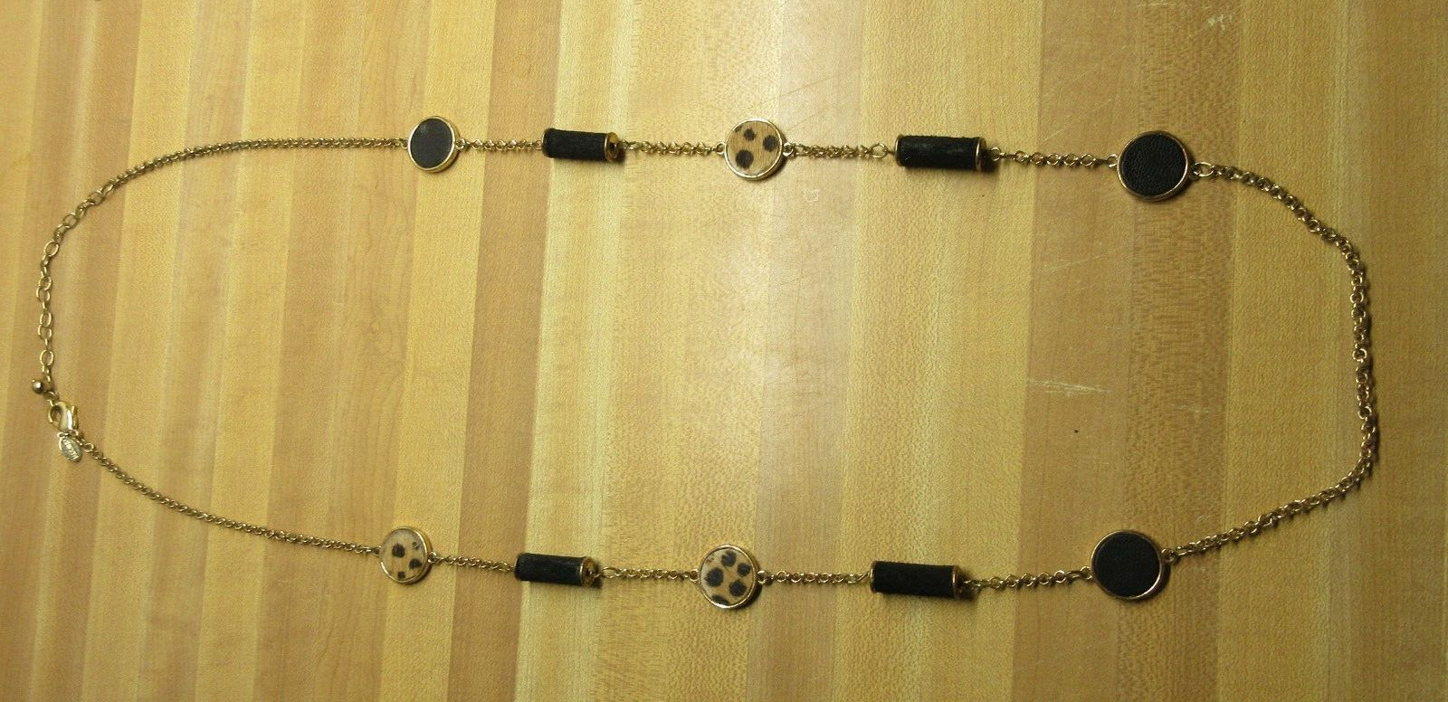 SIGNED CHICOS 40″ black brown leopard print gold tone rev. metal chain Necklace