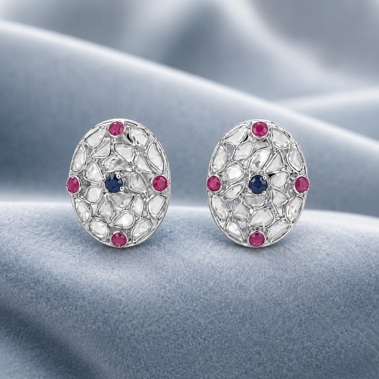Natural Polki Stud Earrings 925 Sterling Silver Handmade Bridal Wedding Gift