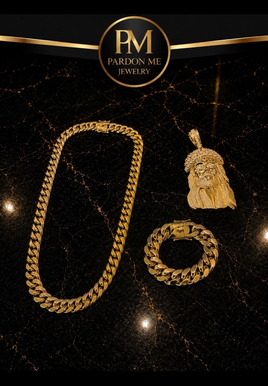 Pardon Me Luxury Premium Jesus Piece Pendant with 18mm Cuban Link Chain and Brac