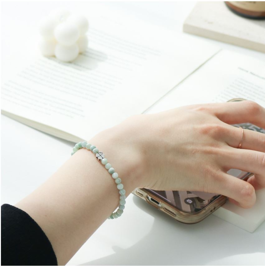Natural Jadeite Bracelet 4mm 925 Silver Four Leaf Clover Lucky Talisman Beads