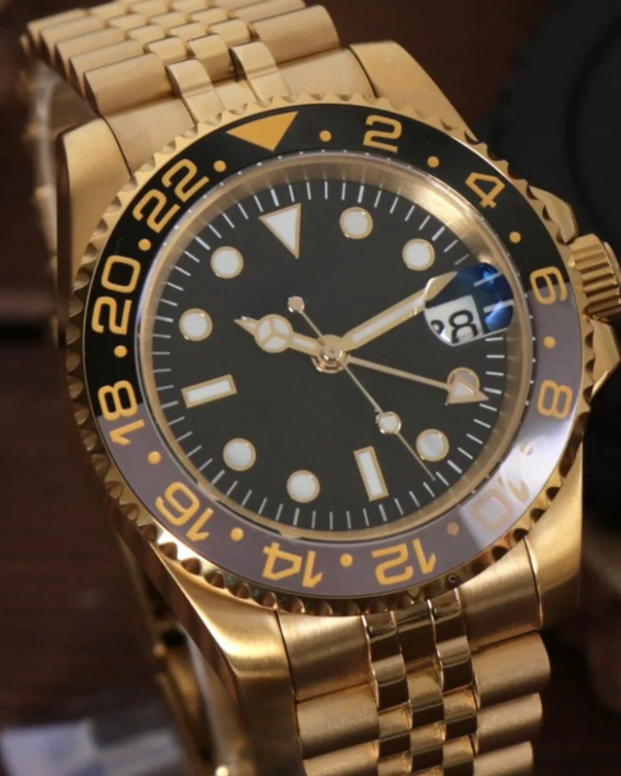 PrimeCrown Gold GMT Watch | Black 24h Bezel | Authentic Seiko NH34 Movement